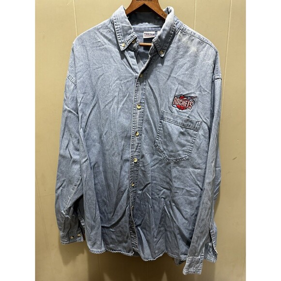 Vintage True Fan Sportswear Blue DENIM Houston ROCKETS Basketball NBA Shirt Lg - Picture 1 of 5